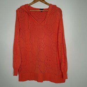 Torrid Pointelle Knit Hooded Sweater Smiley Face Star Pattern Coral Size 18/20